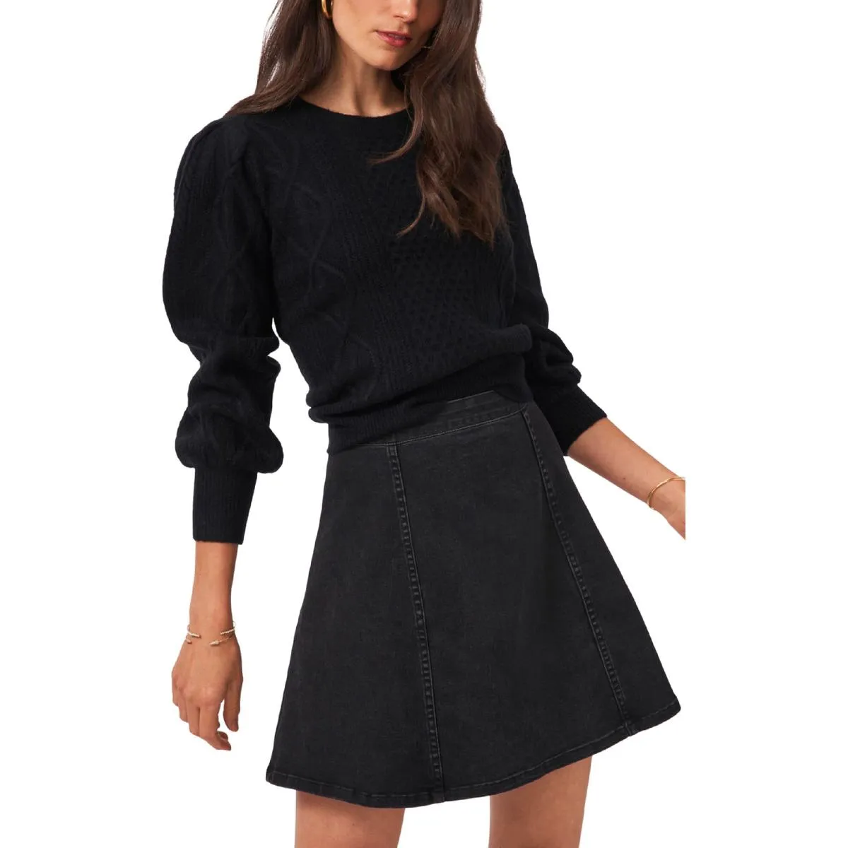 1.State Womens Midnight Garden Cable Knit Crewneck Pullover Sweater