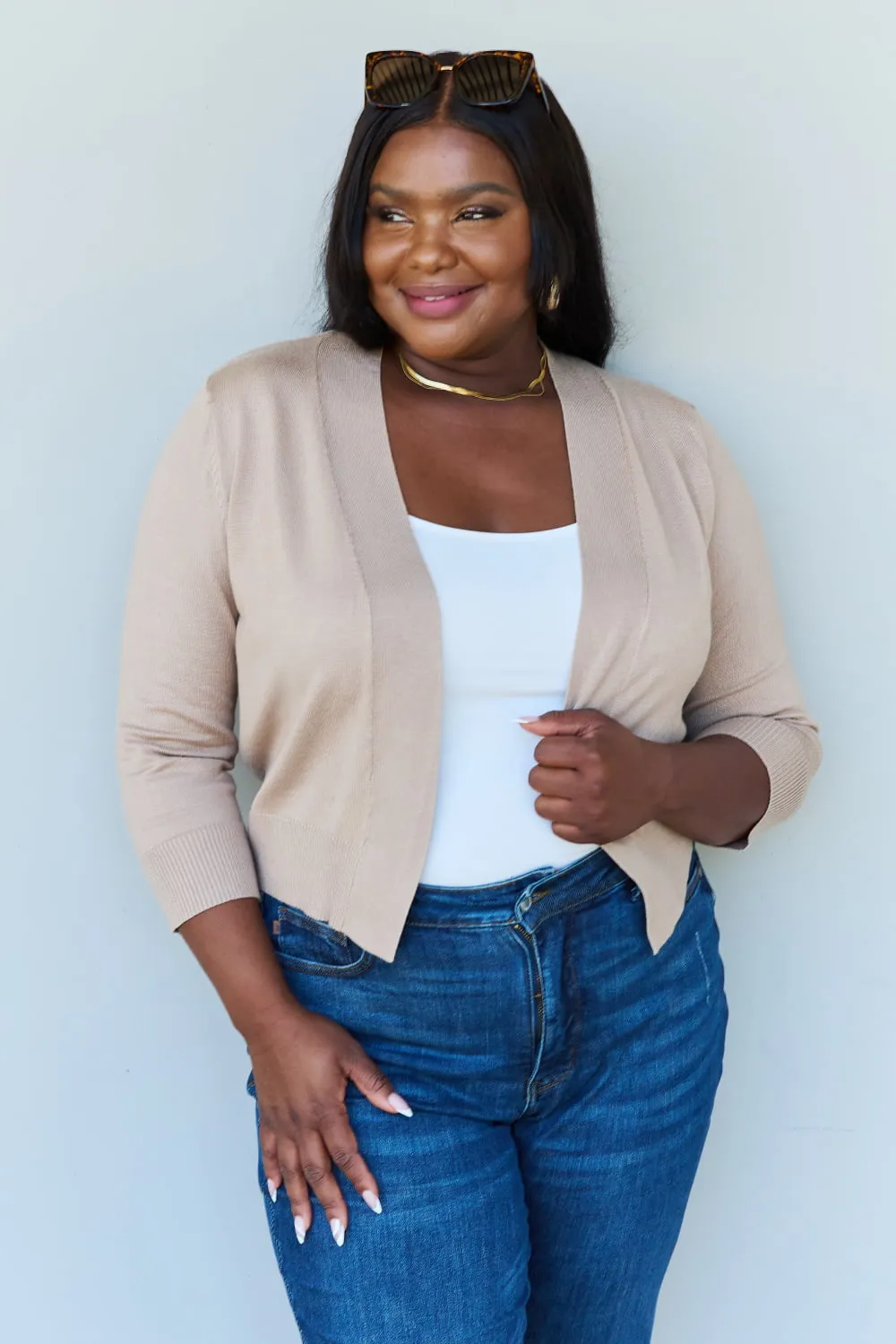 3/4 Sleeve Cropped Cardigan in Khaki