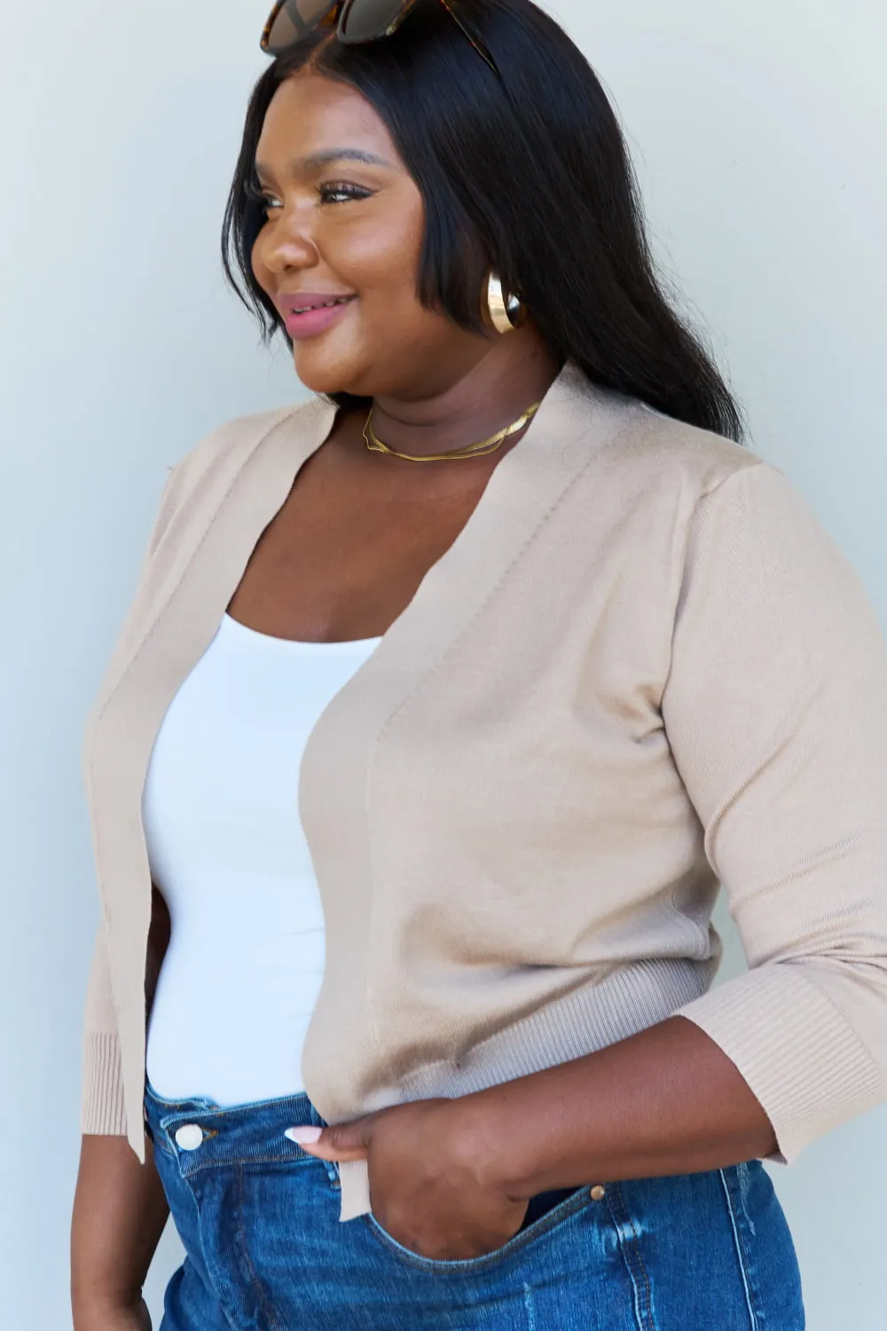 3/4 Sleeve Cropped Cardigan in Khaki