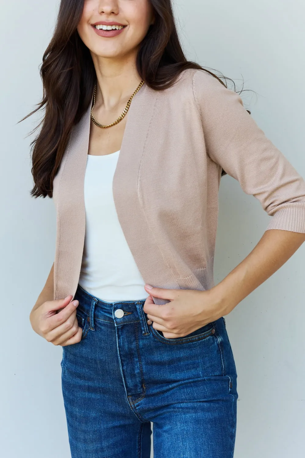 3/4 Sleeve Cropped Cardigan in Khaki