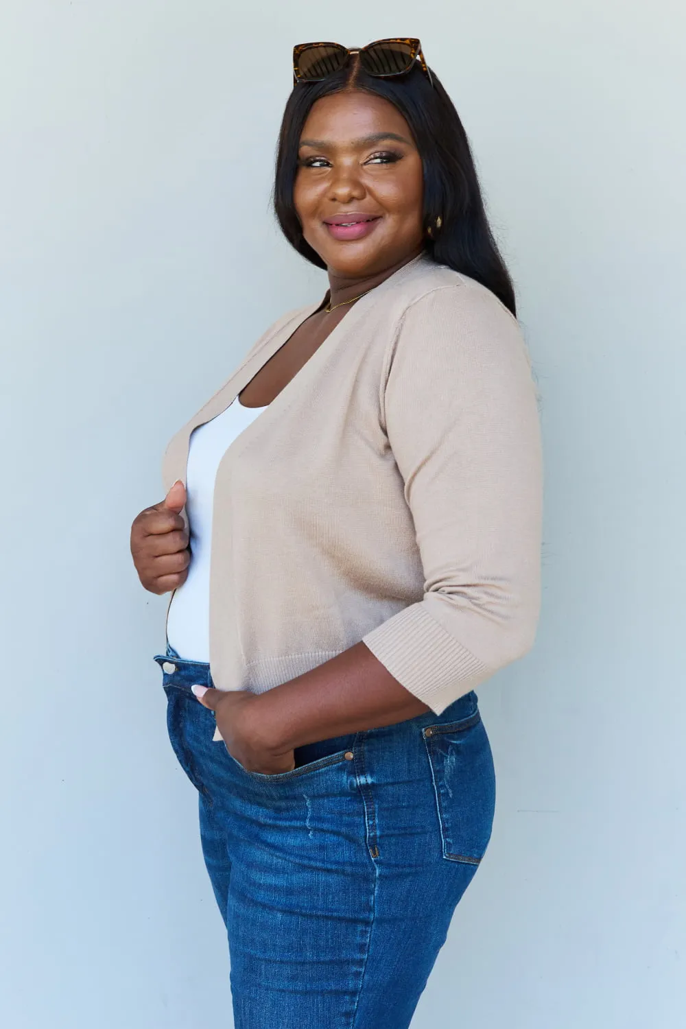 3/4 Sleeve Cropped Cardigan in Khaki