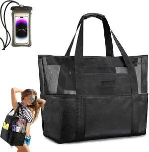 50L Mesh Beach Bag Extra Large, Durable Lightweight Reusable Beach Tote Pool Travel Foldable Carryall with Zipper