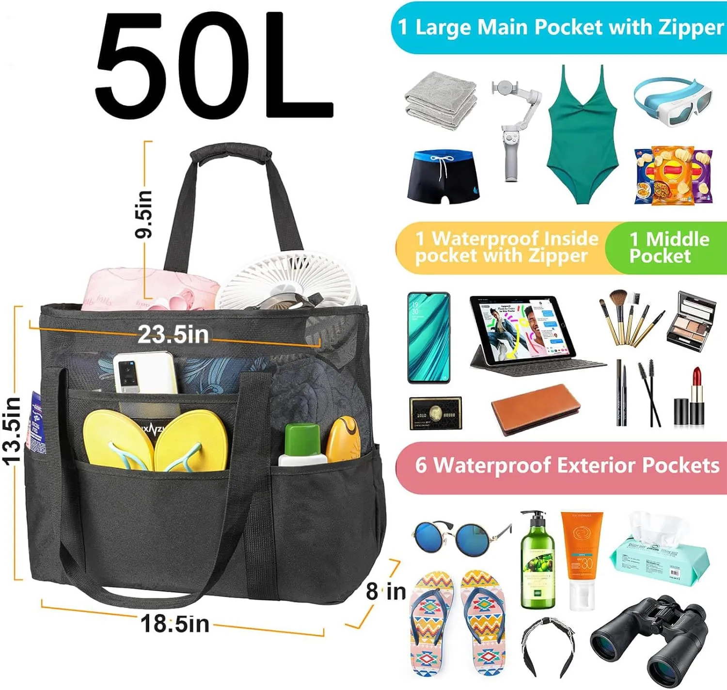 50L Mesh Beach Bag Extra Large, Durable Lightweight Reusable Beach Tote Pool Travel Foldable Carryall with Zipper