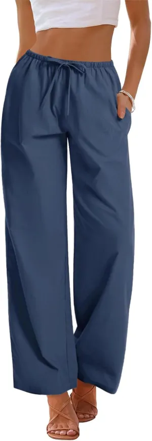 AKEWEI Women Cotton Linen Summer Palazzo Pants Drawstring Waist Wide Leg Lightweight Beach Trousers with Pockets