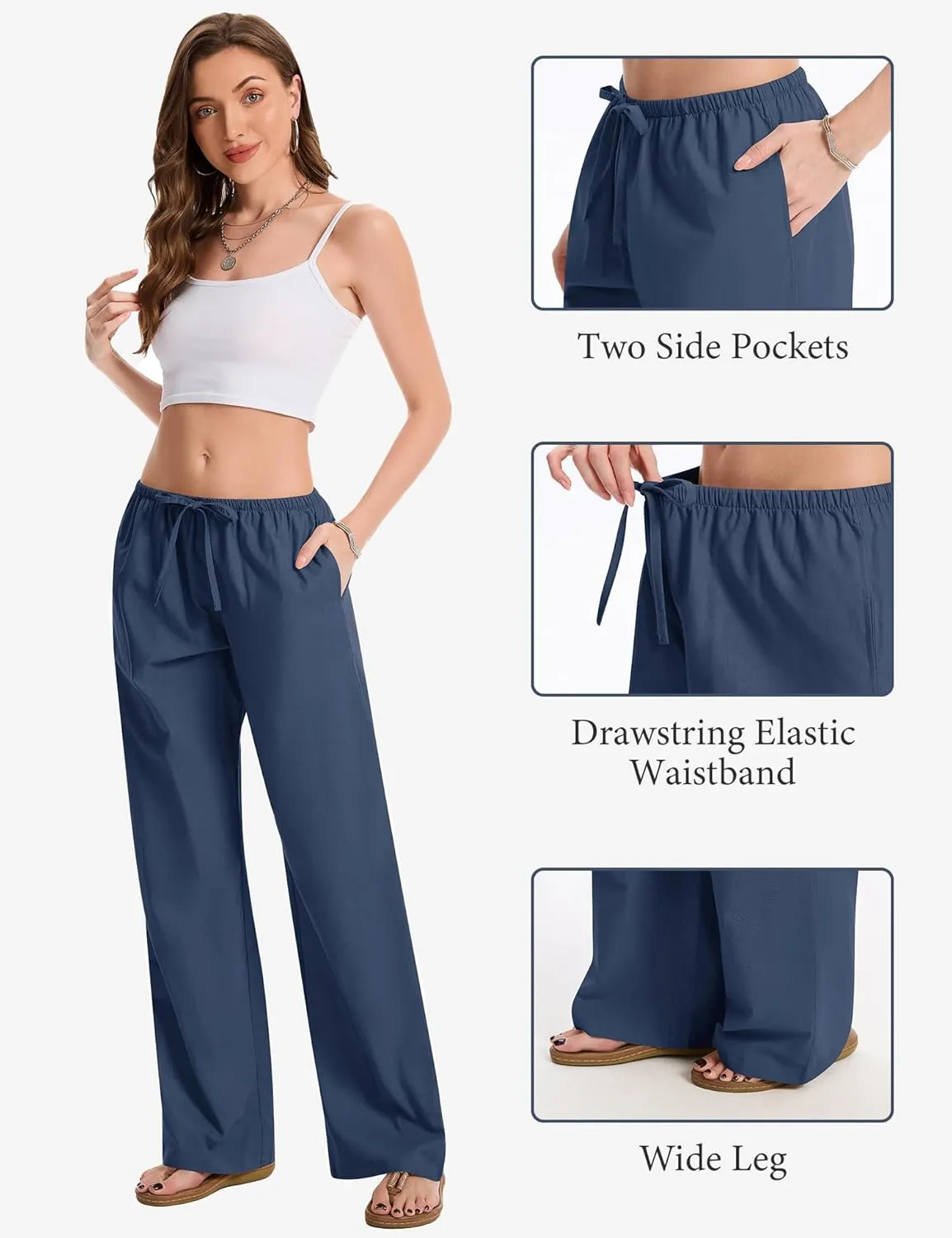 AKEWEI Women Cotton Linen Summer Palazzo Pants Drawstring Waist Wide Leg Lightweight Beach Trousers with Pockets