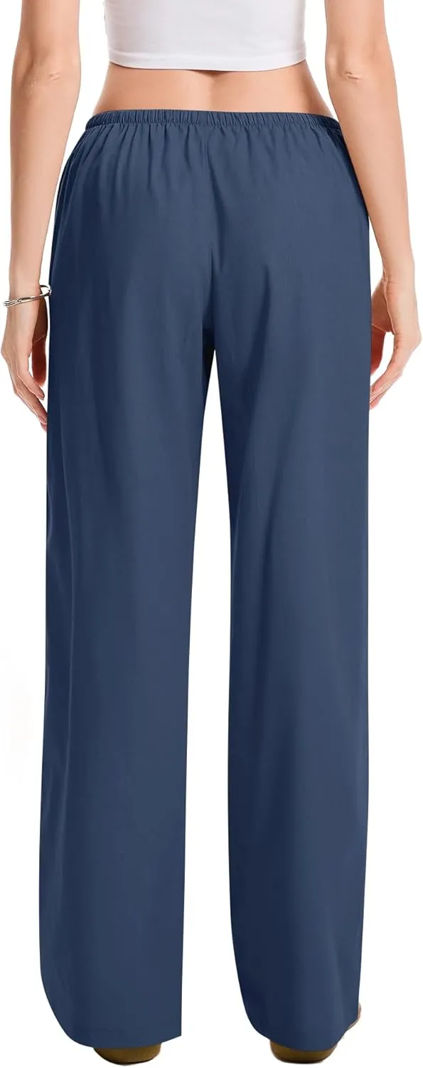 AKEWEI Women Cotton Linen Summer Palazzo Pants Drawstring Waist Wide Leg Lightweight Beach Trousers with Pockets