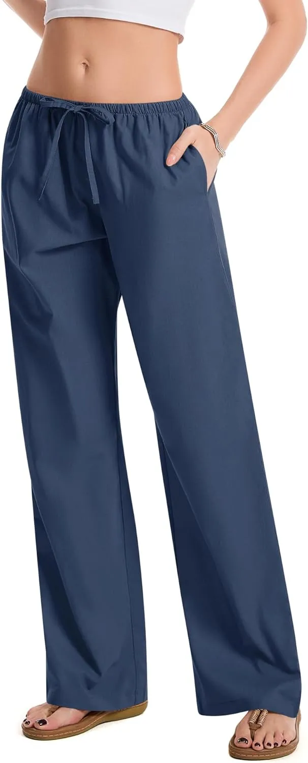 AKEWEI Women Cotton Linen Summer Palazzo Pants Drawstring Waist Wide Leg Lightweight Beach Trousers with Pockets