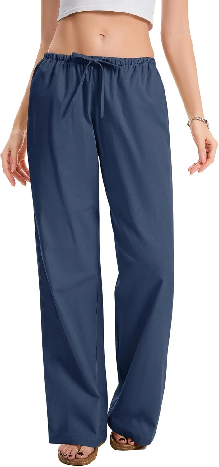 AKEWEI Women Cotton Linen Summer Palazzo Pants Drawstring Waist Wide Leg Lightweight Beach Trousers with Pockets