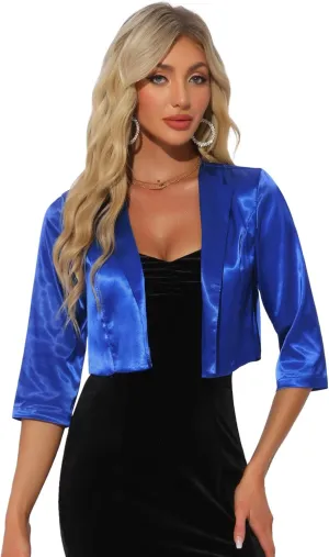 Allegra K Satin Cardigan for Women's Open Front Elegant Formal 3/4 Sleeve Bolero Shrug Jacket