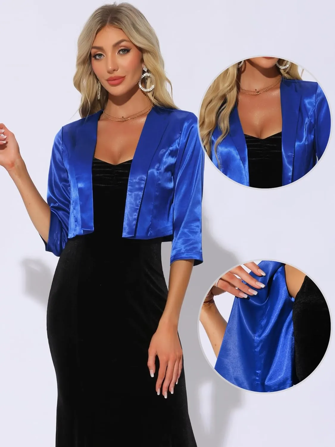 Allegra K Satin Cardigan for Women's Open Front Elegant Formal 3/4 Sleeve Bolero Shrug Jacket
