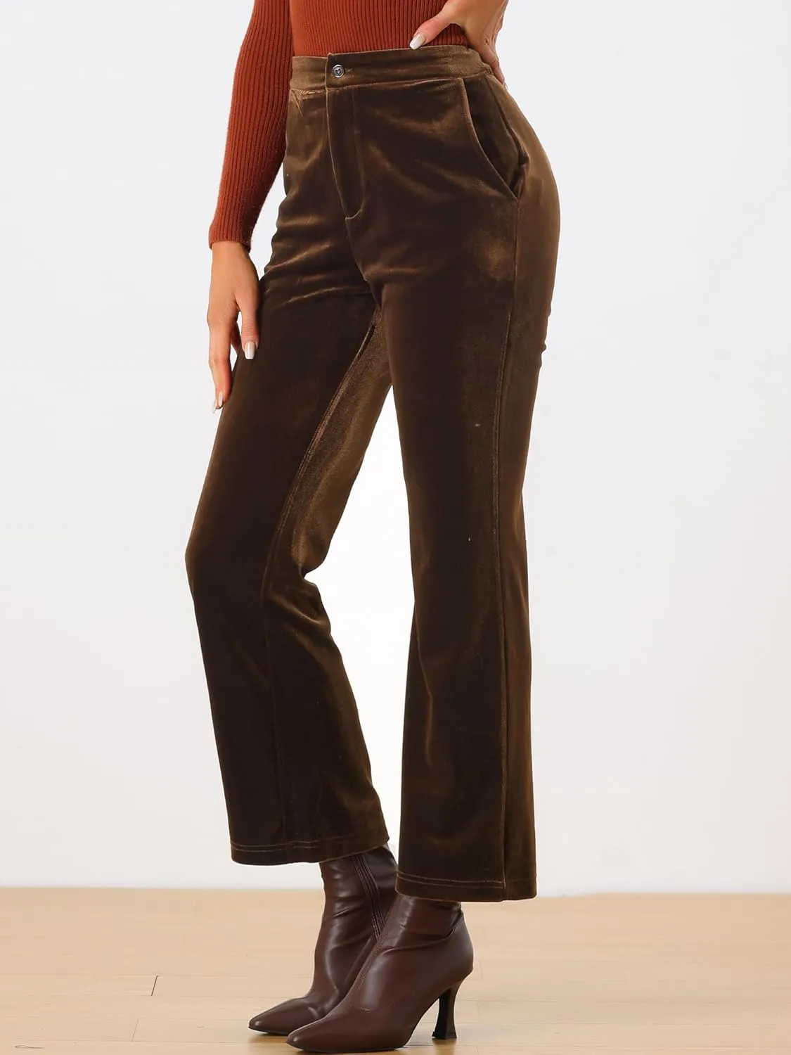 Allegra K Women's 2023 Velvet Elegant High Waist Trousers with Pockets Work Ankle Pants