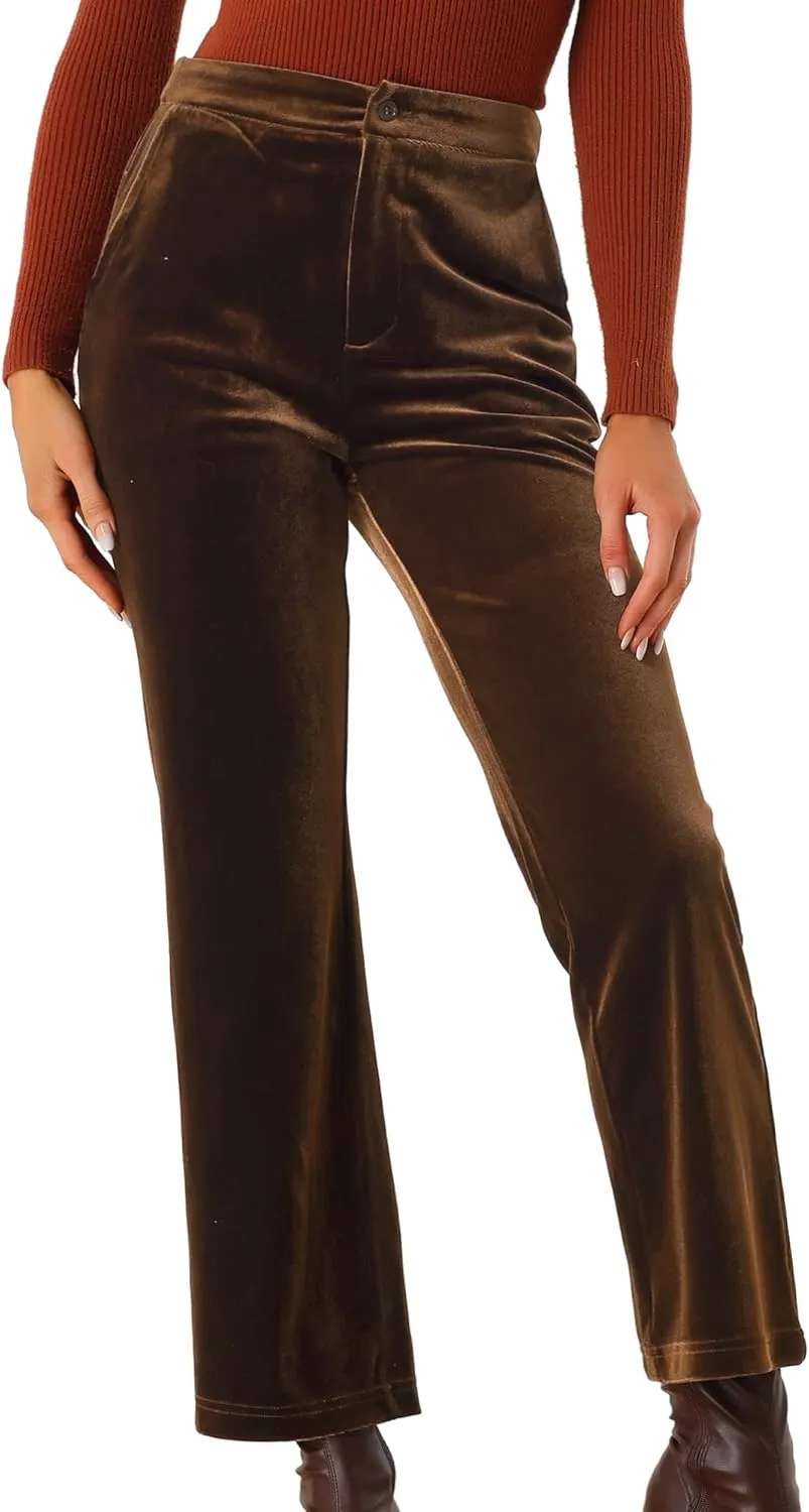 Allegra K Women's 2023 Velvet Elegant High Waist Trousers with Pockets Work Ankle Pants