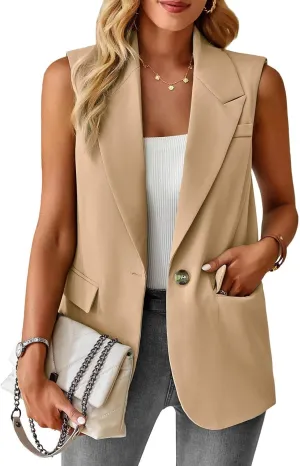 ALSOGO Women Sleeveless Blazer Vest Casual Open Front V Neck Fully-Lined Work Office Summer Jacket with Pockets Fashion 2025