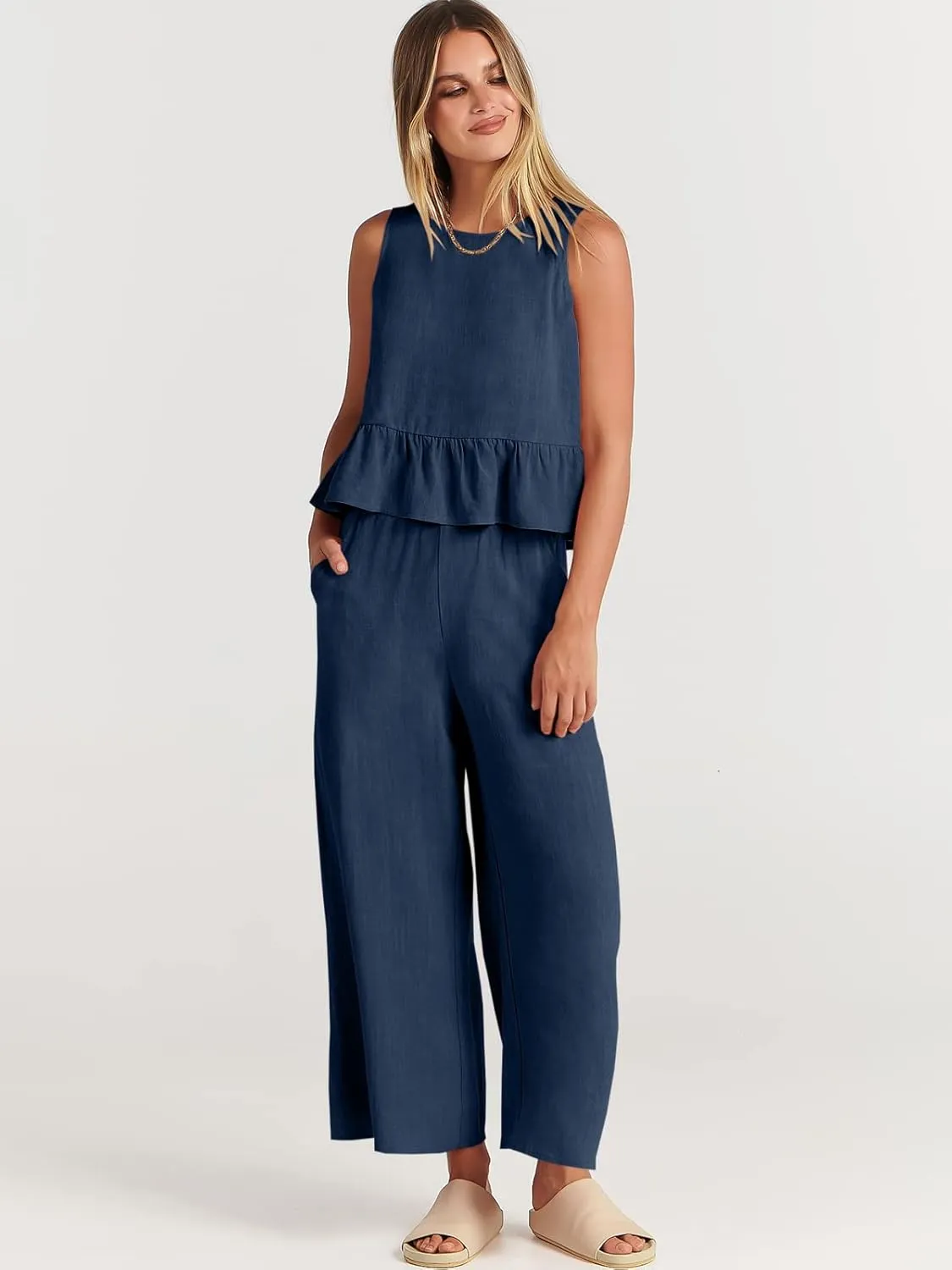 ANRABESS Women Summer 2 Piece Outfits Sleeveless Tank Crop Top Wide Leg Pants Linen Jumpsuits Lounge Matching Beach Sets