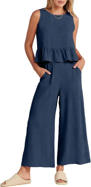 ANRABESS Women Summer 2 Piece Outfits Sleeveless Tank Crop Top Wide Leg Pants Linen Jumpsuits Lounge Matching Beach Sets