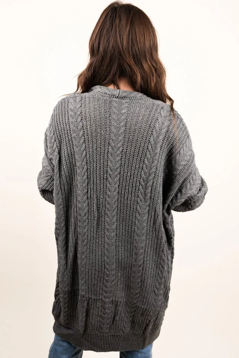 Be Clever Alaskan Way Cable Knit Pocket Cardigan, Charcoal Gray