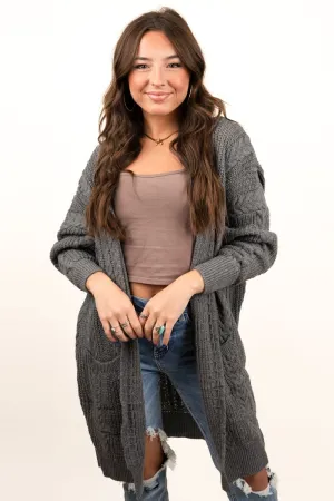 Be Clever Alaskan Way Cable Knit Pocket Cardigan, Charcoal Gray