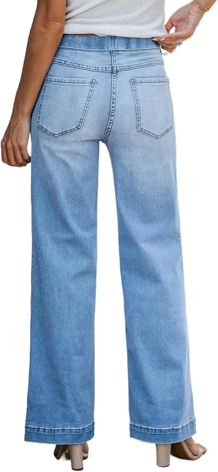 BestGirl Women's Baggy Jeans Pull On Stretchy Loose High Waisted Wide Leg Denim Pants Y2K 90s