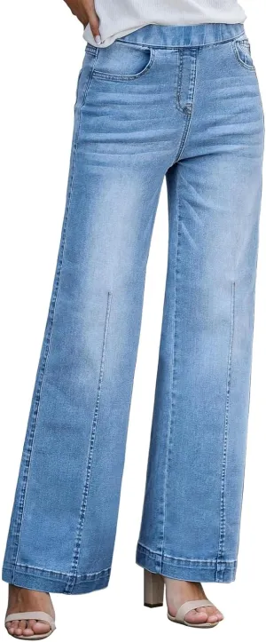 BestGirl Women's Baggy Jeans Pull On Stretchy Loose High Waisted Wide Leg Denim Pants Y2K 90s