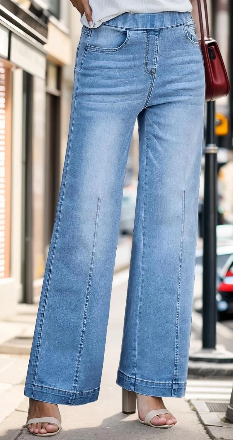 BestGirl Women's Baggy Jeans Pull On Stretchy Loose High Waisted Wide Leg Denim Pants Y2K 90s