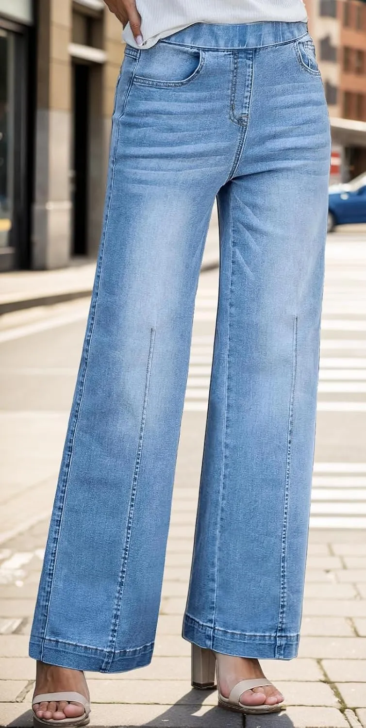 BestGirl Women's Baggy Jeans Pull On Stretchy Loose High Waisted Wide Leg Denim Pants Y2K 90s