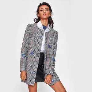 Bird Embroidered Hidden Zip Plaid Coat