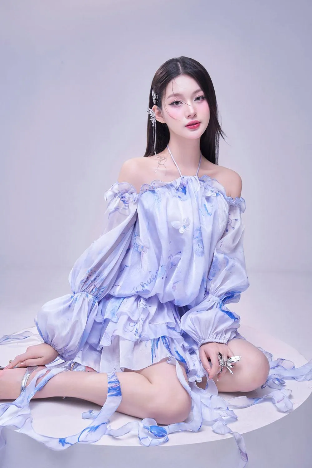 Clouds Blouson Halter Neck Organza Mini Dress