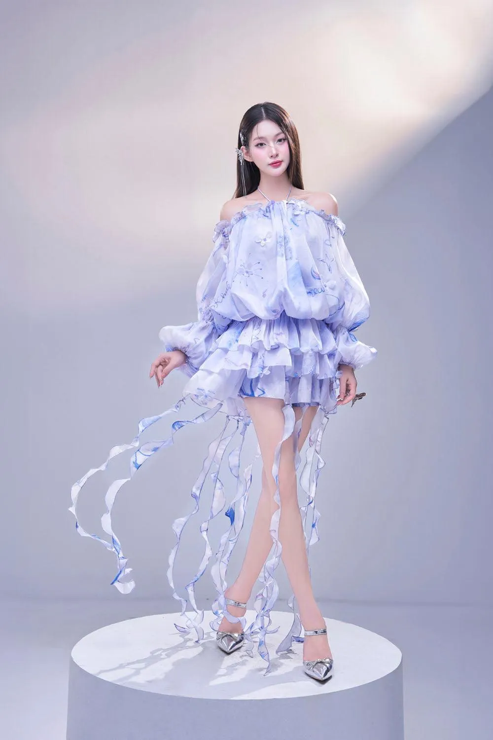 Clouds Blouson Halter Neck Organza Mini Dress