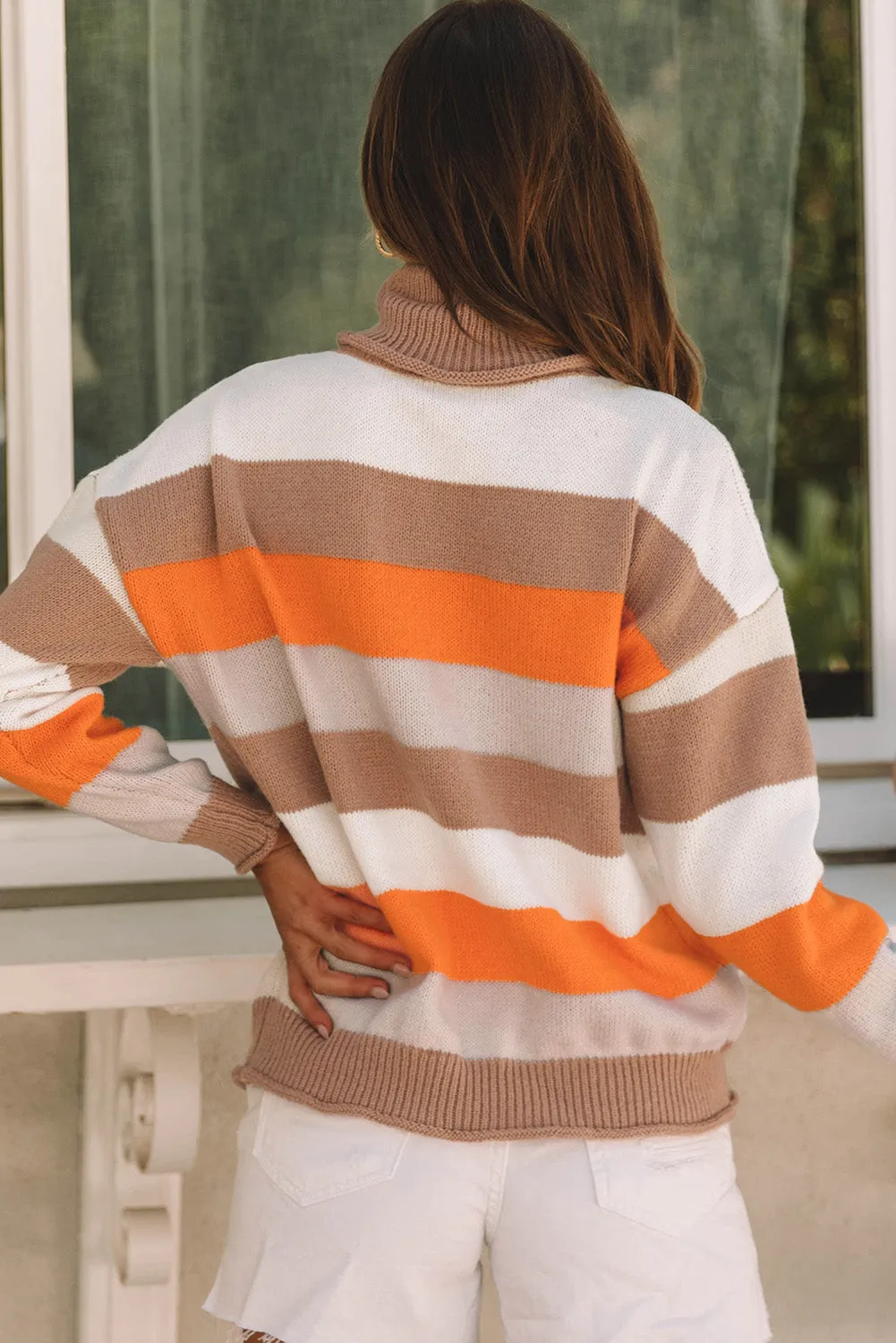 Color Block Drop Shoulder Turtleneck Sweater For women