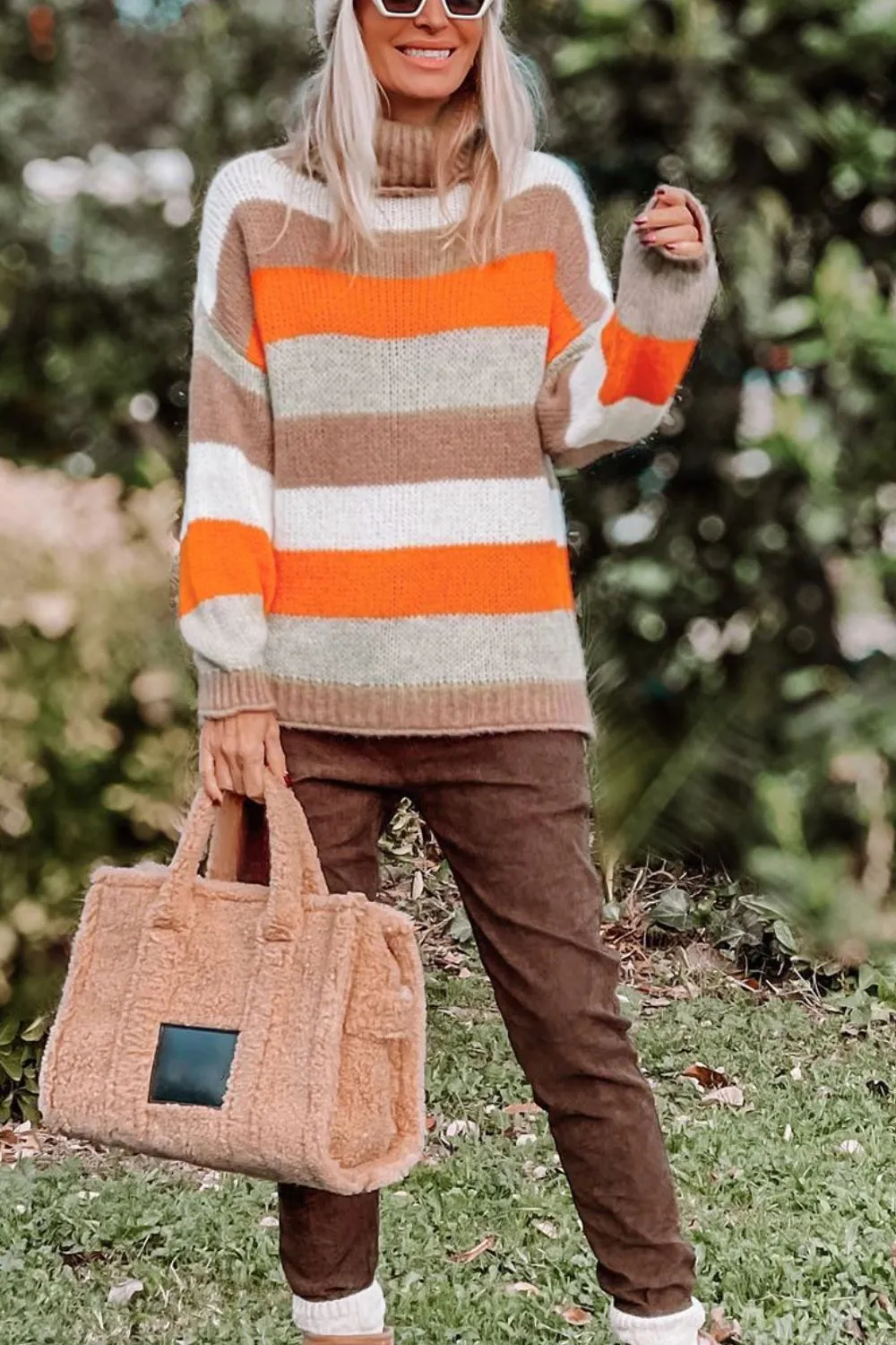 Color Block Drop Shoulder Turtleneck Sweater For women