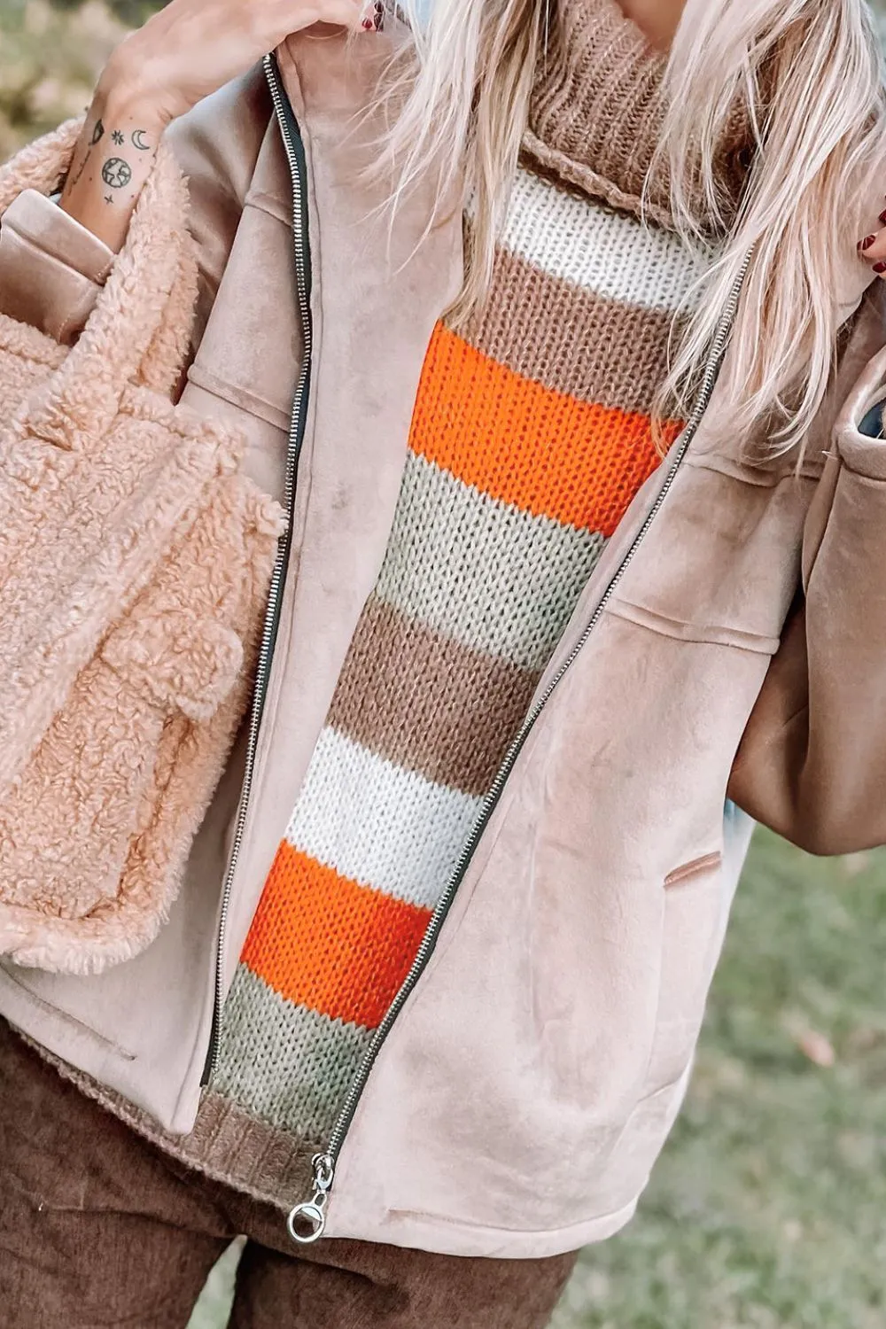 Color Block Drop Shoulder Turtleneck Sweater For women