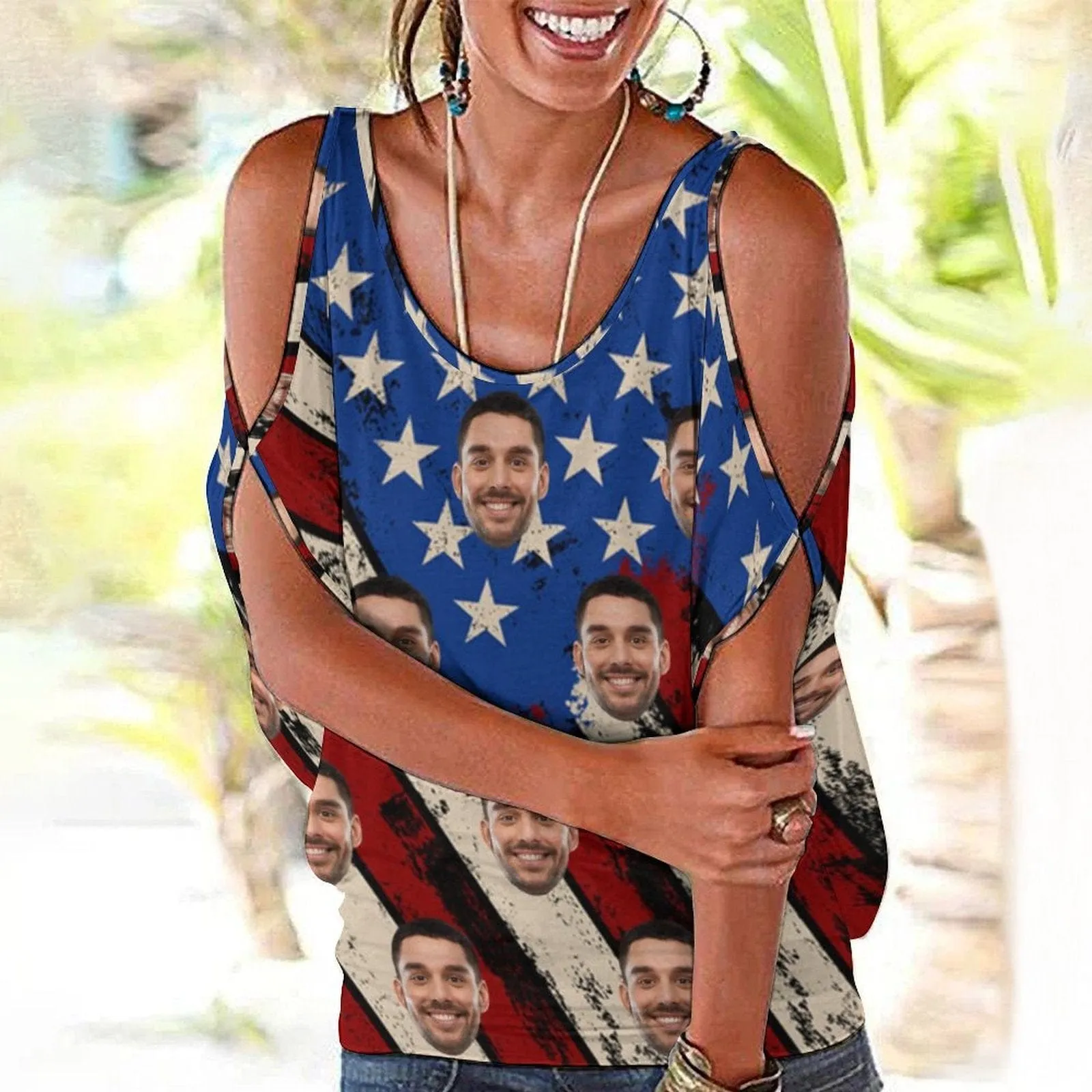 Custom Face Flag Top Personalized Women's Tie Neck Cold Shoulder Top with Photo for Independence Day