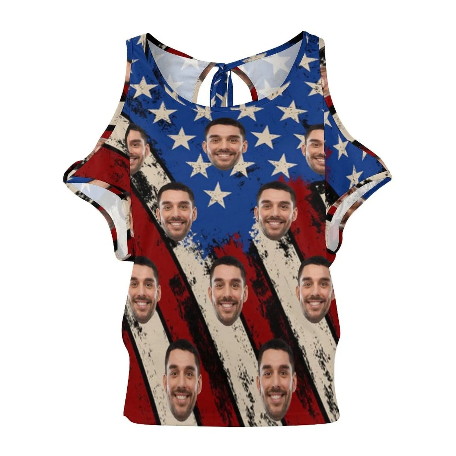 Custom Face Flag Top Personalized Women's Tie Neck Cold Shoulder Top with Photo for Independence Day