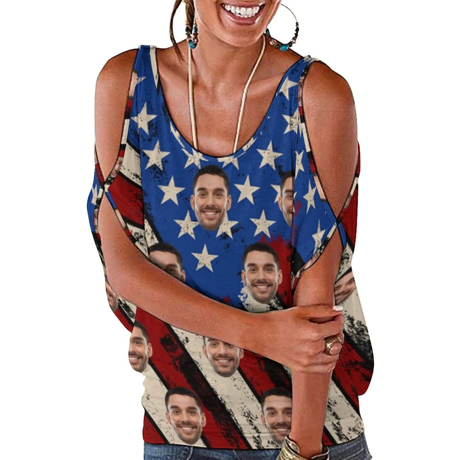 Custom Face Flag Top Personalized Women's Tie Neck Cold Shoulder Top with Photo for Independence Day
