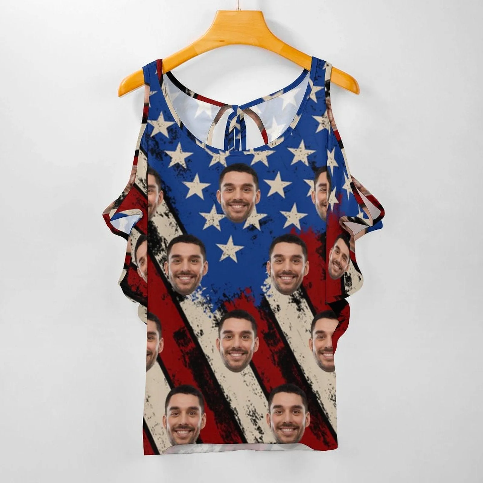 Custom Face Flag Top Personalized Women's Tie Neck Cold Shoulder Top with Photo for Independence Day