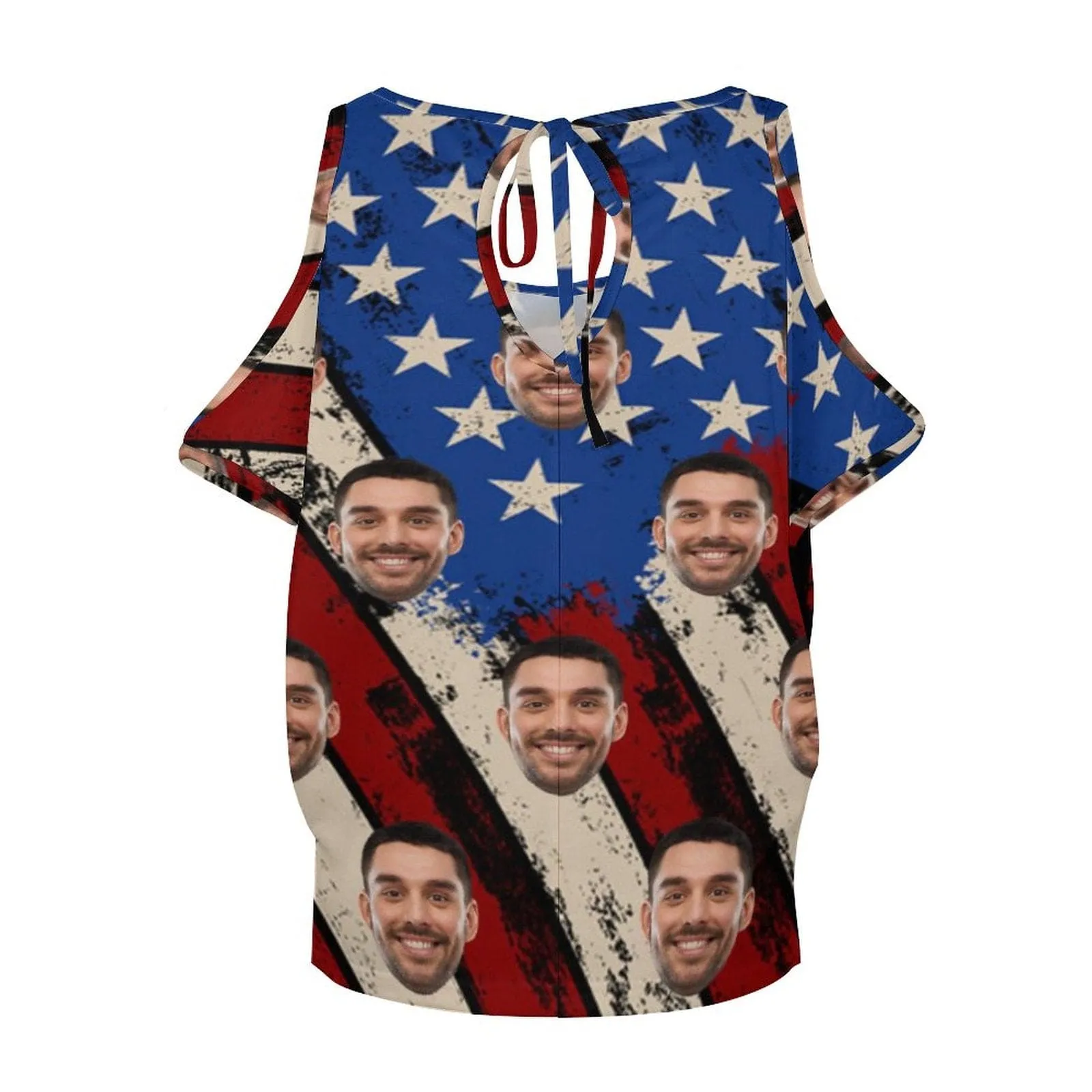 Custom Face Flag Top Personalized Women's Tie Neck Cold Shoulder Top with Photo for Independence Day