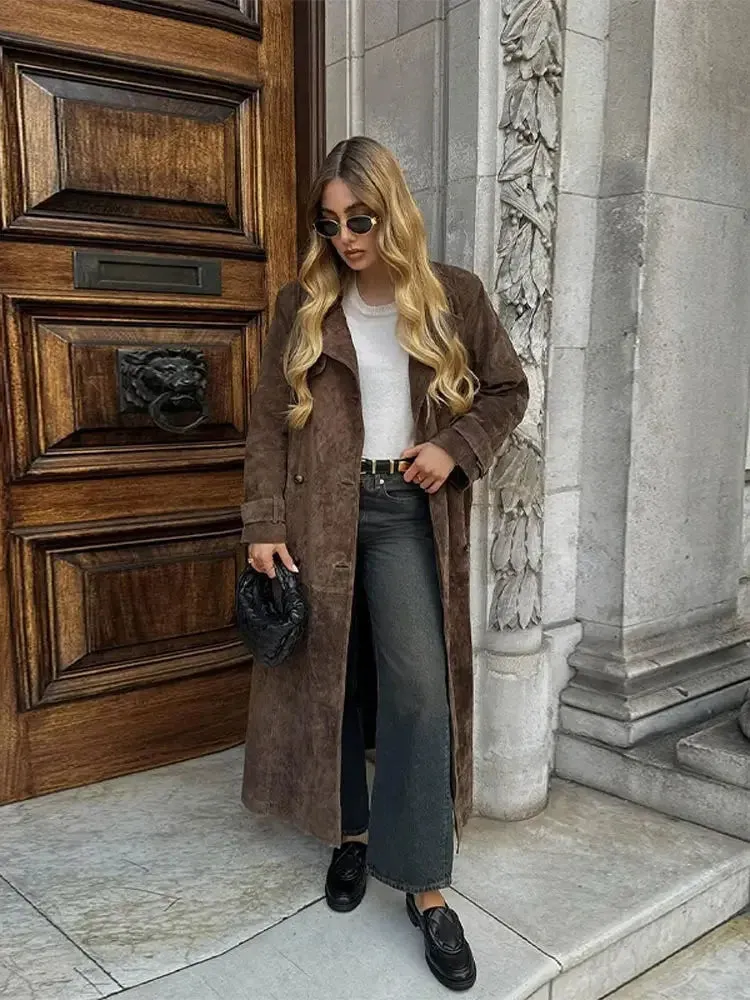 Elegant Suede Leather Chocolate Belt Long Coat Fashion Double Button Lapel Oversize Jacket Fashion New Autumn Street Windbreaker