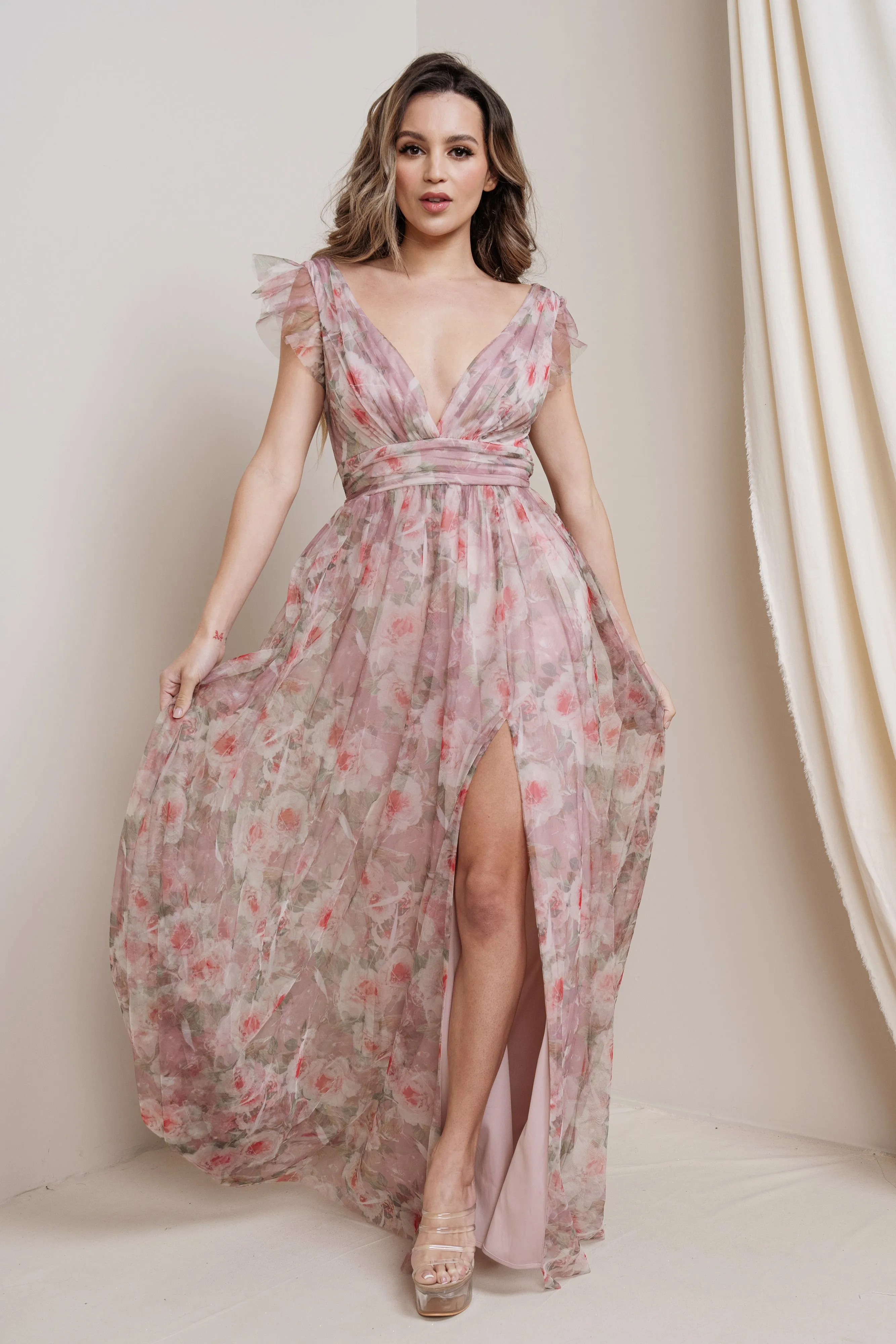 Floral Print Chiffon Maxi with Flutter Sleeves