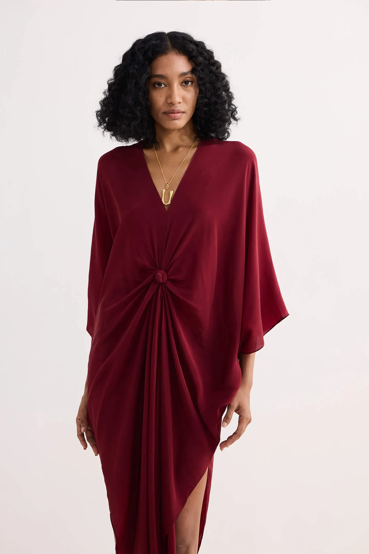 Front Twist Kaftan Dress in Burgundy