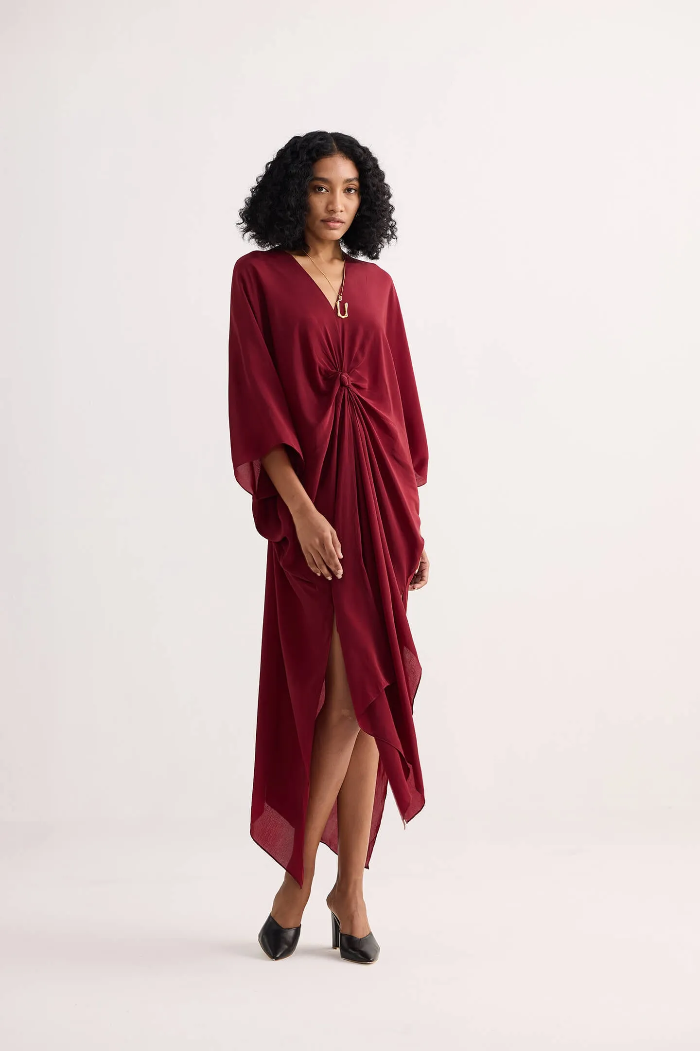 Front Twist Kaftan Dress in Burgundy