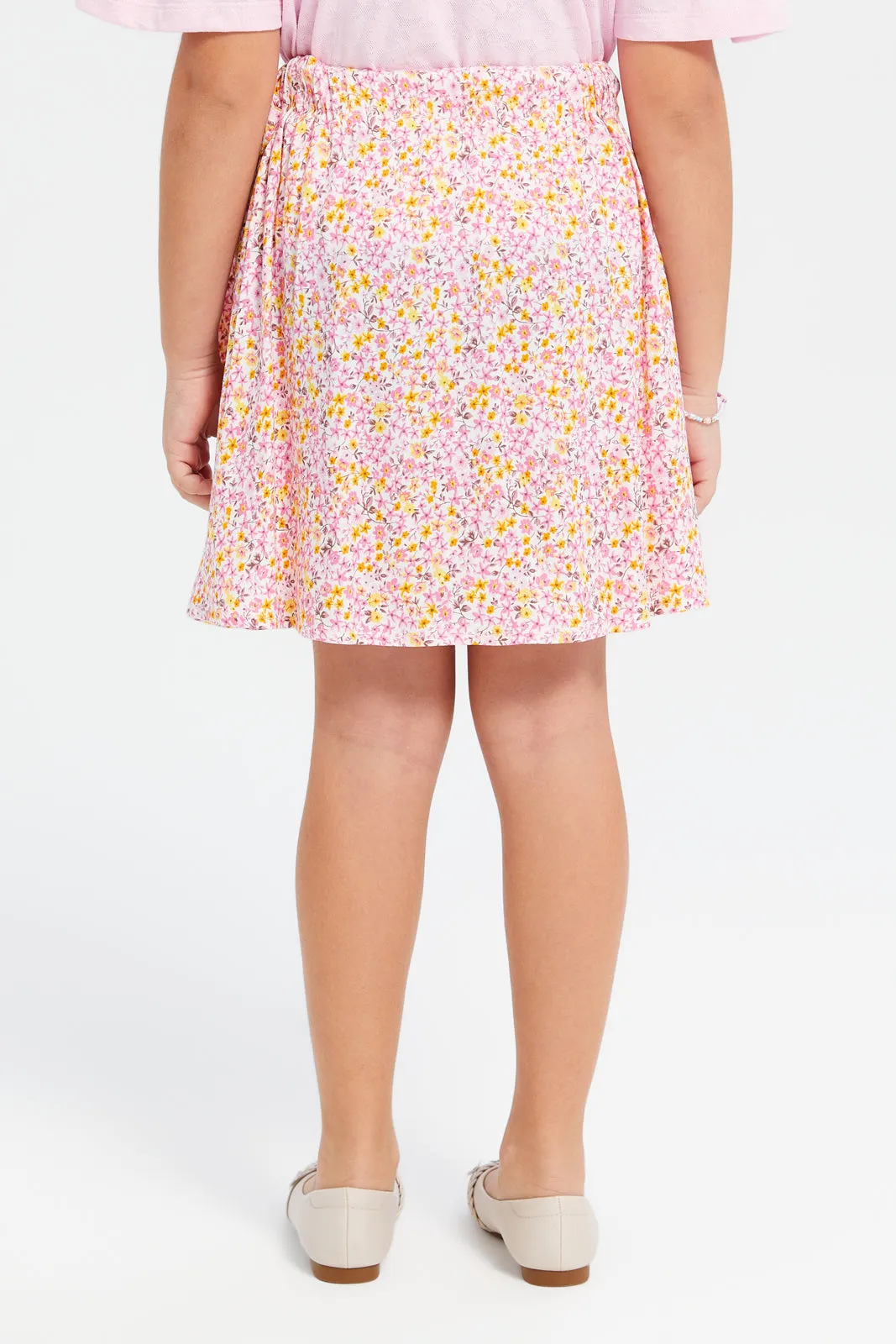 Girls Pink Printed Skirt With Belt