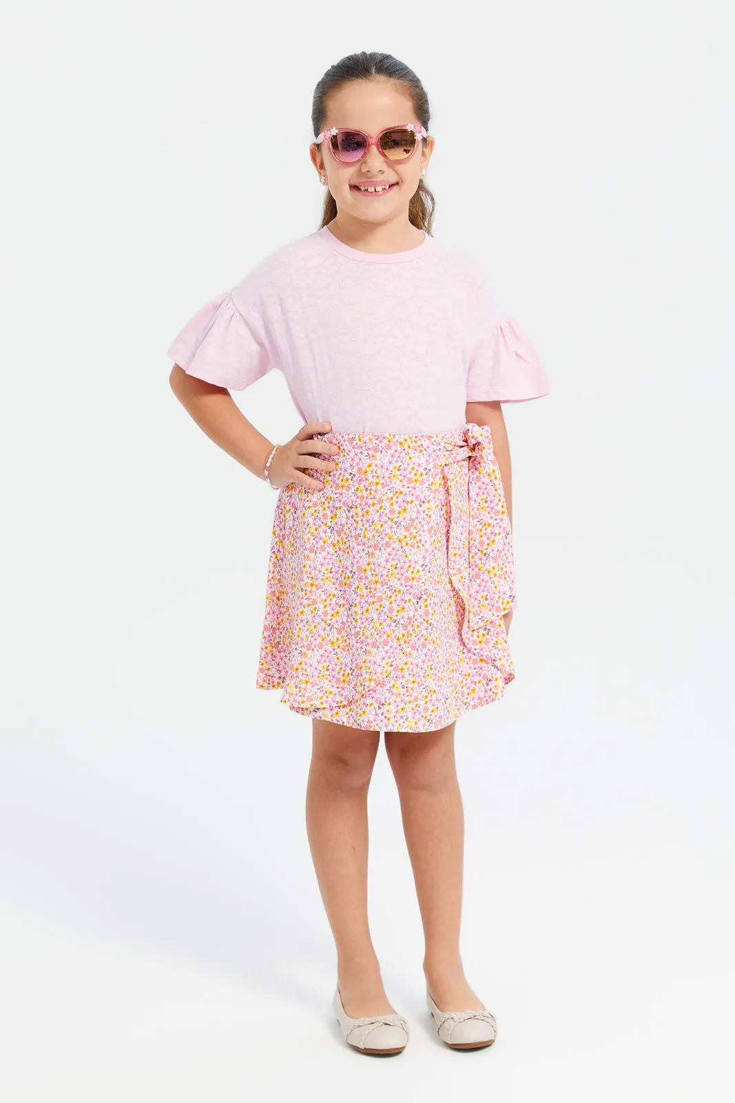 Girls Pink Printed Skirt With Belt