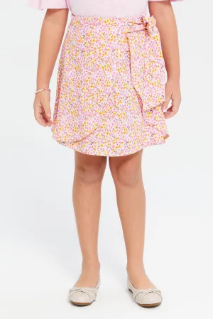 Girls Pink Printed Skirt With Belt