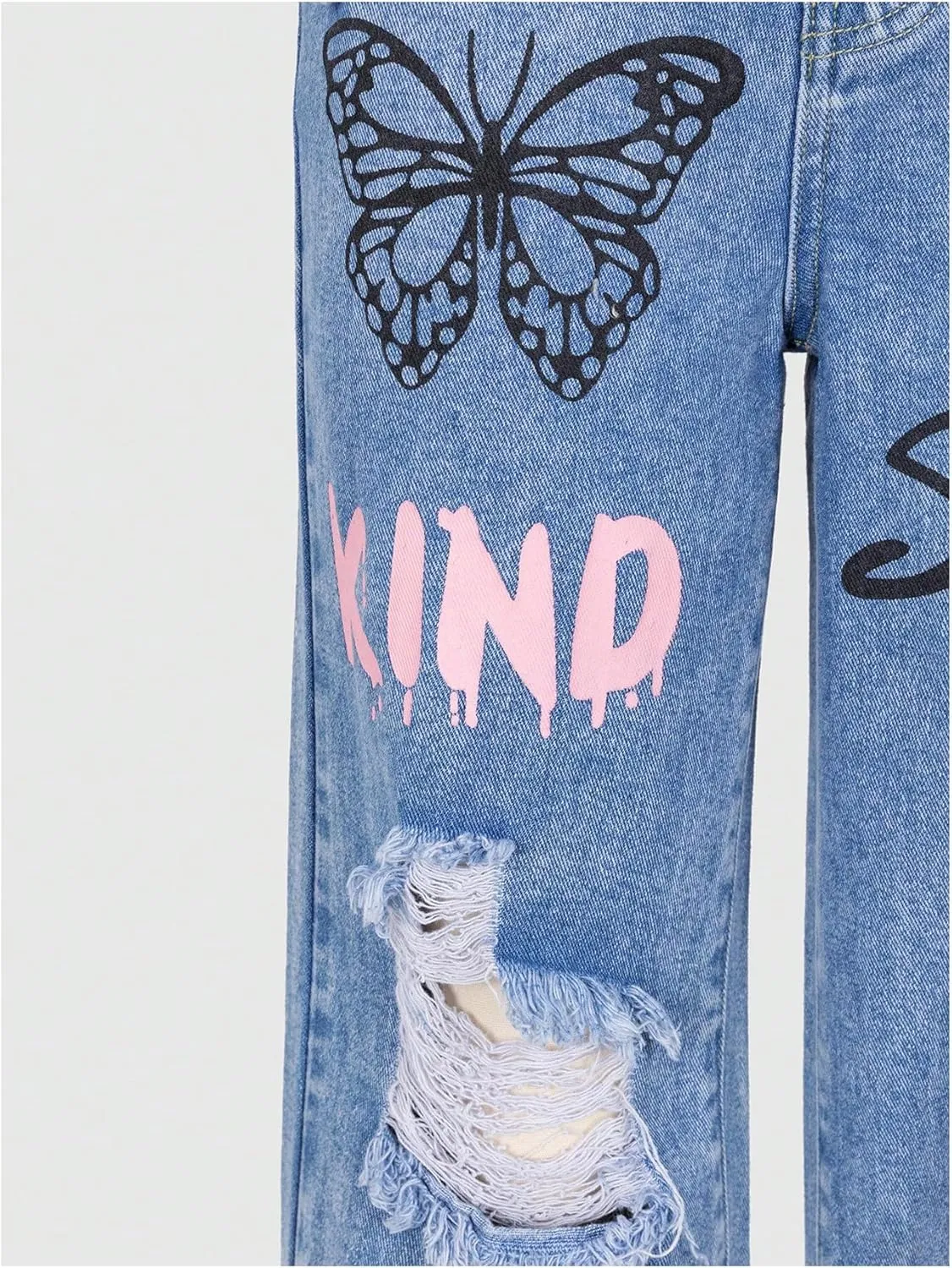GORGLITTER Girl's Wide Leg Graphic Jeans Y2K Ripped Zipper Fly Denim Pants with Pockets