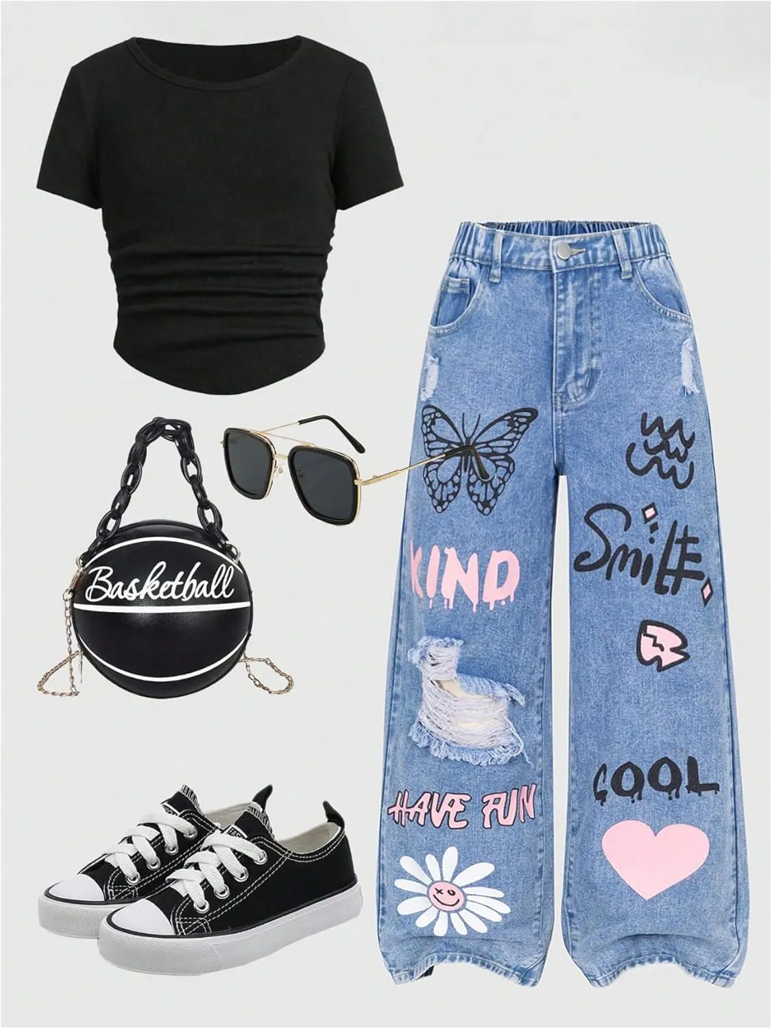 GORGLITTER Girl's Wide Leg Graphic Jeans Y2K Ripped Zipper Fly Denim Pants with Pockets