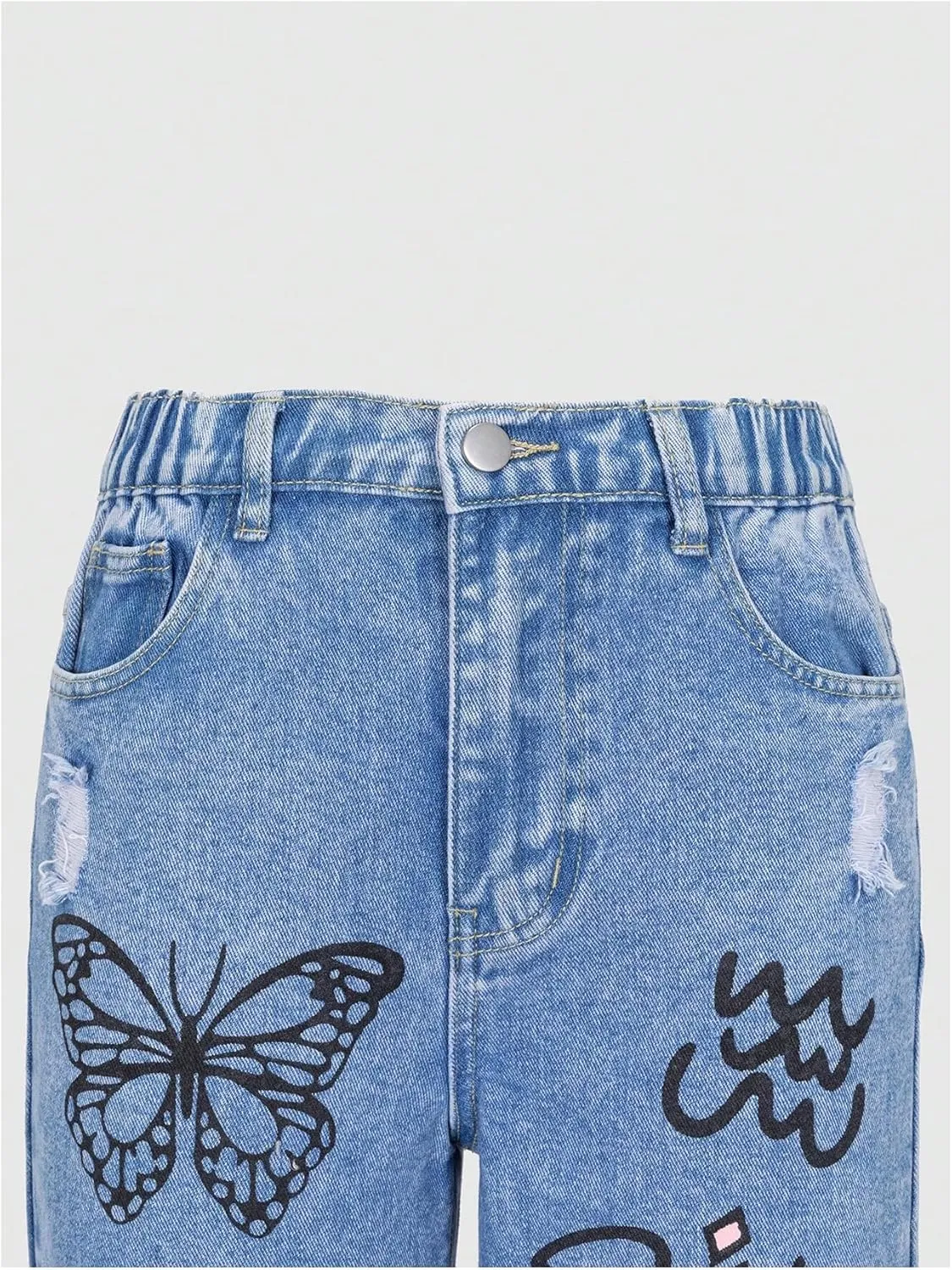 GORGLITTER Girl's Wide Leg Graphic Jeans Y2K Ripped Zipper Fly Denim Pants with Pockets