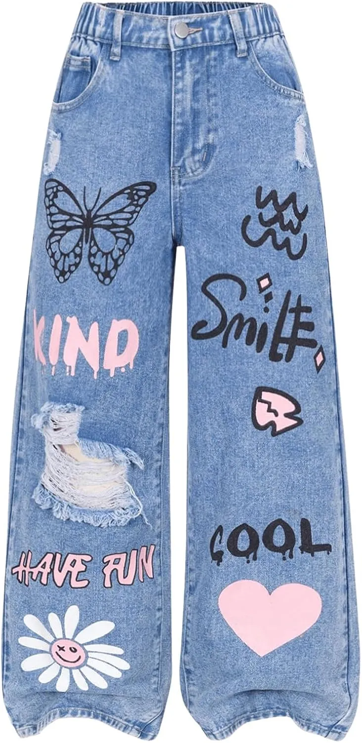 GORGLITTER Girl's Wide Leg Graphic Jeans Y2K Ripped Zipper Fly Denim Pants with Pockets