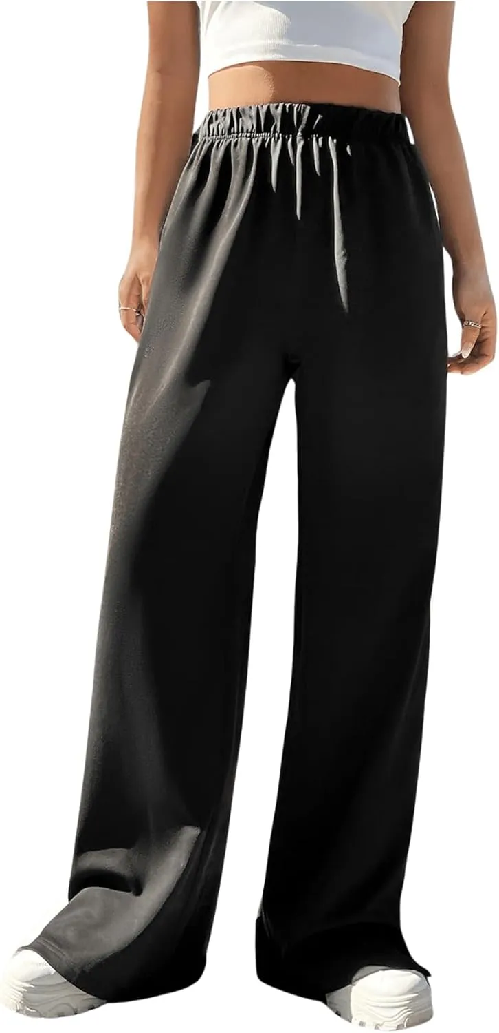 GORGLITTER Women's Wide Leg Elastic Waist Track Pants Split Leg Casual Bell Bottom Sweatpants with Pockets