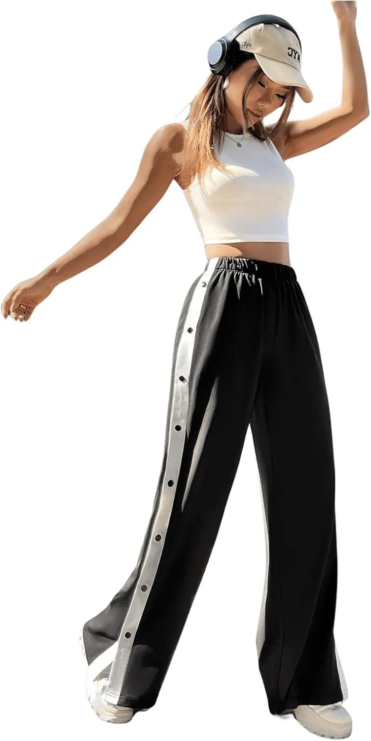 GORGLITTER Women's Wide Leg Elastic Waist Track Pants Split Leg Casual Bell Bottom Sweatpants with Pockets
