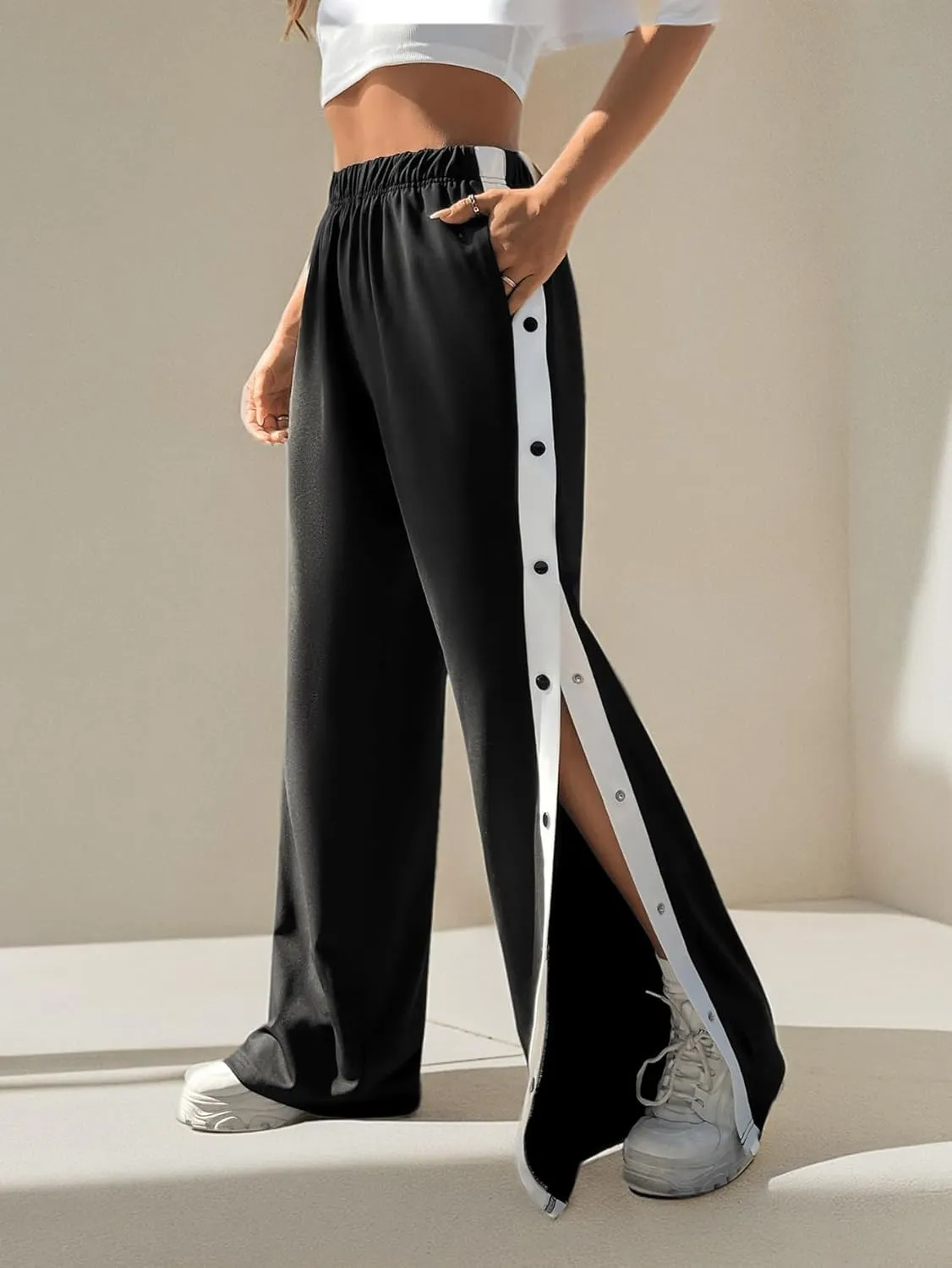GORGLITTER Women's Wide Leg Elastic Waist Track Pants Split Leg Casual Bell Bottom Sweatpants with Pockets